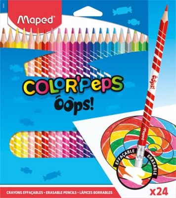 Színes ceruza készlet, háromszögletű, radírozható, MAPED "Color`Peps Oops", 24 különböző szín